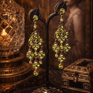 Vintage Peridot Rhinestone Chandelier Earrings – Art Deco Revival Glam